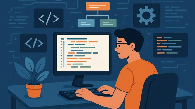 Illustration of a programmer coding at a desk, viewed from a side angle. The style is flat and modern, resembling a tech tutorial video.