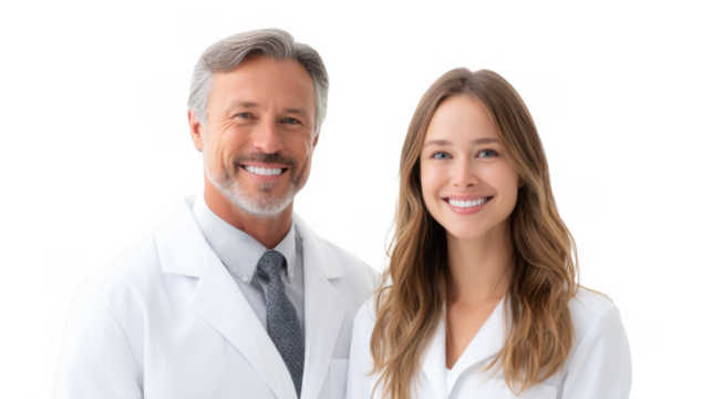 Two smiling healthcare professionals in white lab coats. standing together against a plain background. conveying a sense of trust and professionalism in a clinical setting