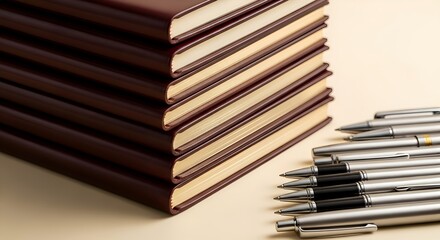 Naklejka premium Stack of leather bound notebooks paired with sleek metal pens makes a professional arrangement for business or education