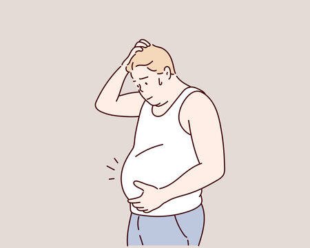 man Worried About Belly Fat and Weight Loss. Hand drawn style vector design illustrations.