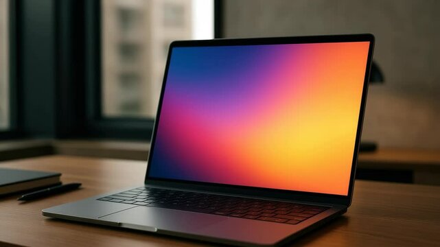 A modern laptop on a wooden desk with a vibrant gradient screen. Side angle captures a cozy workspace vibe, ideal for video editing or creative work.