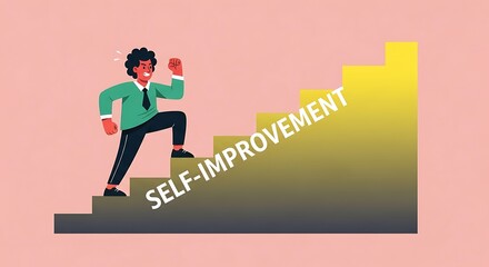 Obraz premium Cartoon Man Climbing Stairs Toward Success on Pink Background