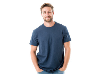 Fototapeta premium A young man stands confidently in a casual blue t-shirt and jeans against a plain white background. showcasing a relaxed and approachable demeanor. ideal for lifestyle and fashion imagery