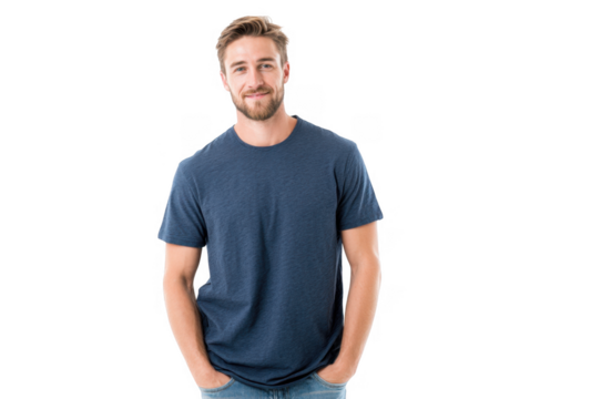 A young man stands confidently in a casual blue t-shirt and jeans against a plain white background. showcasing a relaxed and approachable demeanor. ideal for lifestyle and fashion imagery