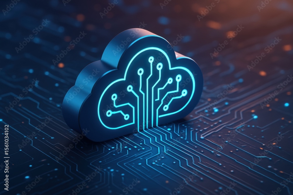 Poster cloud computing: a luminous cloud symbol merges with a circuit board, symbolizing data storage, tech
