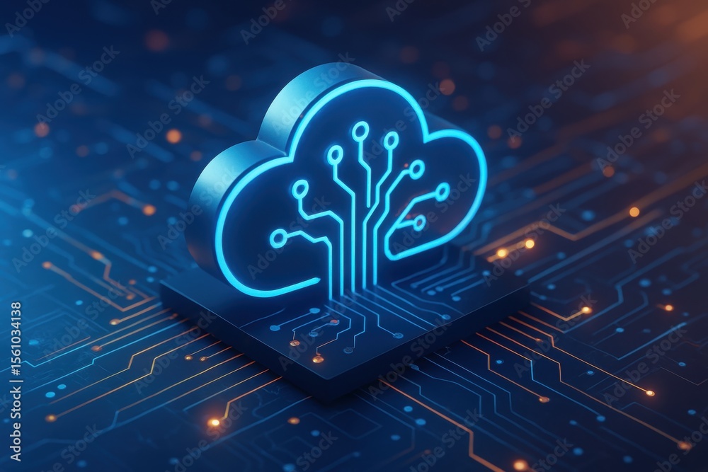 Fototapete Cloud Computing Illustration: A captivating 3D rendered image showcasing the concept of cloud computing, depicting a luminous cloud icon integrated with circuit board.