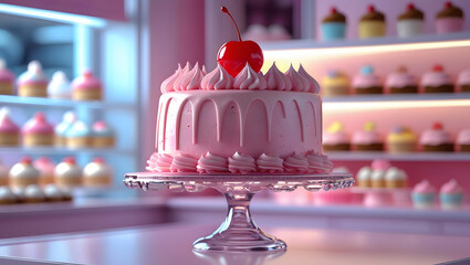 Delicious Pink Cake with Cherry on Top in Elegant Cake Shop