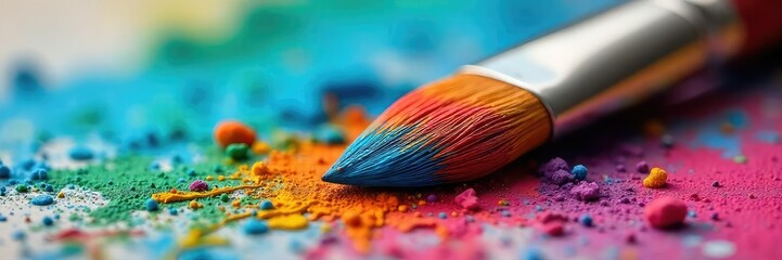 Fototapeta premium Close-up view of a paintbrush with vibrant multicolored paint on its bristles, ready for artistic expression The colors are rich and saturated, suggesting creativity and potential , object, texture