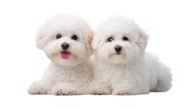 Two fluffy white dogs with playful expressions lying side by side on a clean. bright surface. creating a cheerful and inviting atmosphere. perfect for pet-related content
