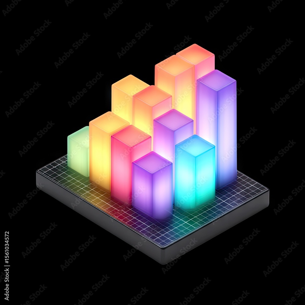 Poster colorful 3d bar graph with neon effect and grid background for data visualization and statistics rep