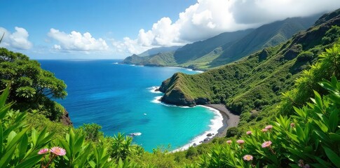 Fototapeta premium Lush green Hawaiian landscape, vibrant flora, volcanic rock formations, dramatic ocean views Perfect for travel, nature, and tourism brochures , islands, waves, lush