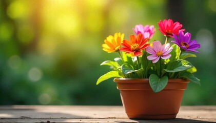 A cheerful springtime scene featuring colorful flowers freshly planted in a terracotta pot, ready to bloom Sunlight bathes the vibrant blossoms and lush green foliage , colorful, nature