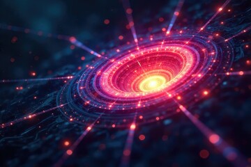 Obraz premium Abstract glowing network nodes and connections forming a swirling vortex, representing revolutionary technological advancement and interconnected systems , system, structure, machine learning