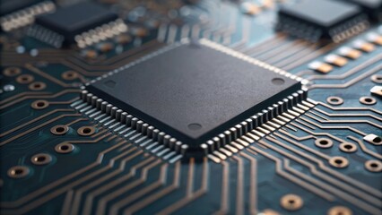 Close-up view of a microchip on a circuit board, showcasing intricate connections and technology details.