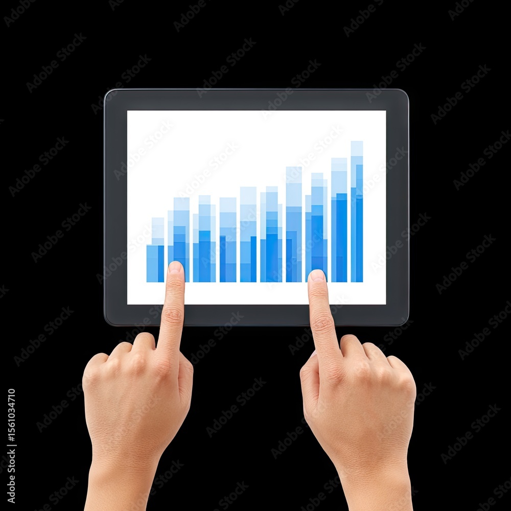 Poster hands interacting with digital tablet displaying growing bar graphs and data charts for financial an