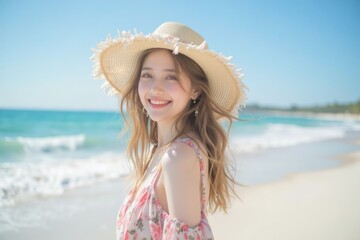 Young woman wearing a straw hat at a beach.