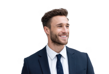 A confident young man in a formal suit and tie smiles warmly while standing against a plain white background. conveying professionalism and approachability. ideal for business-related imagery