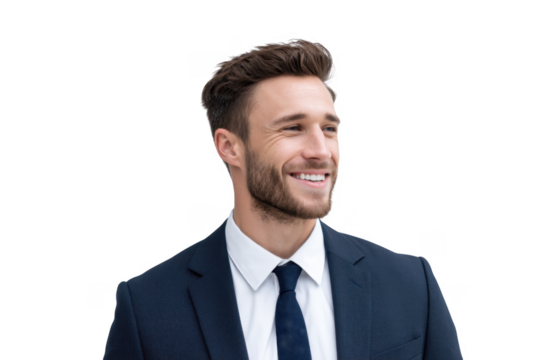 A confident young man in a formal suit and tie smiles warmly while standing against a plain white background. conveying professionalism and approachability. ideal for business-related imagery - Powered by Adobe