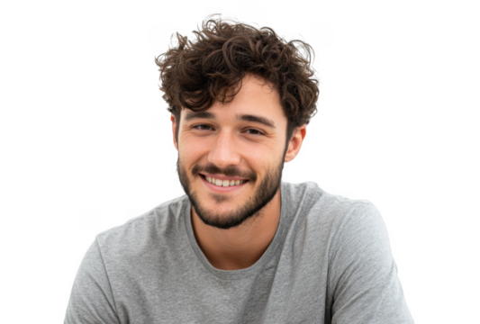 A young man with curly hair and a beard smiles warmly at the camera. showcasing a casual gray t-shirt. set against a plain white background. ideal for personal branding or lifestyle imagery
