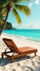 Fototapeta premium Relaxing leather chaise lounge on a pristine sandy beach, bathed in warm sunlight Perfect for a luxurious beach day or summer vacation imagery , tan, summer, sun