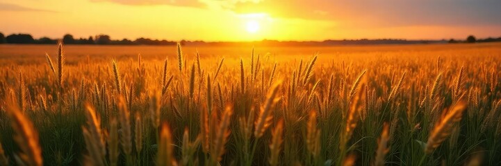 Naklejka premium A vibrant field of tall prairie grasses swaying gently in the wind, bathed in the golden light of sunset The scene evokes a feeling of serenity and the beauty of untouched nature , green, rural