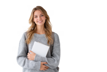 A young woman with long. wavy hair smiles brightly while holding a tablet close to her chest. standing against a clean. white wall. suggesting a moment of confidence and readiness for learning