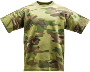 Camouflage t shirt short sleeve cotton green brown military style isolated on white casual unisex outdoor clothing comfortable and durable for adventure