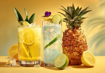 A trio of refreshing tropical cocktails with citrus and pineapple garnishes, perfect for bar menus, mixology promotions, summer drinks, and cocktail-themed advertisements. High quality