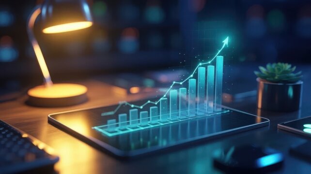 Minimal Office Desk with 3D Financial Growth Hologram