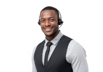 A confident customer service representative wearing a headset. smiling at the camera. standing against a plain white background. ready to assist clients with inquiries or support