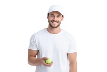 A smiling young man in a white t-shirt and cap holds a bright green tennis ball. exuding confidence and joy. set against a clean white background. ideal for sports-related content