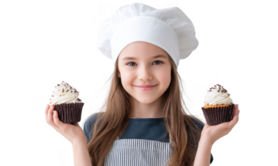 A cheerful young girl wearing a chef's hat and apron holds two delicious cupcakes topped with cream and chocolate sprinkles. set against a clean. white background. perfect for baking or culinary-theme