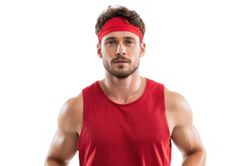 A fit man dressed in a red sleeveless shirt and headband stands confidently against a plain white background. embodying determination and readiness for a workout or fitness challenge