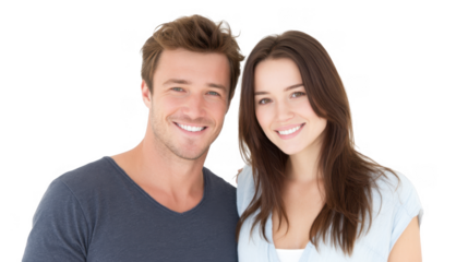 A cheerful young couple stands closely together in a bright. minimalist studio. smiling warmly at the camera. conveying happiness and connection. perfect for relationship-themed content