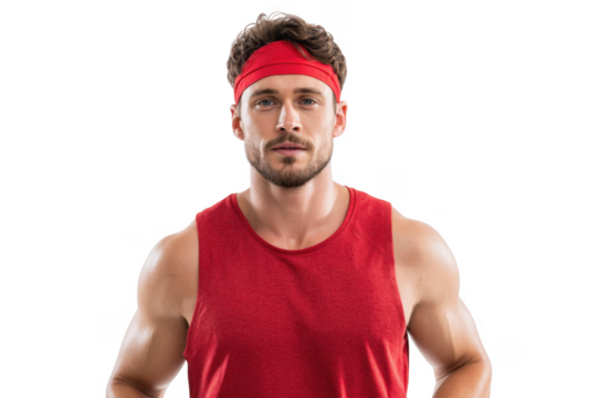 A fit man dressed in a red sleeveless shirt and headband stands confidently against a plain white background. embodying determination and readiness for a workout or fitness challenge