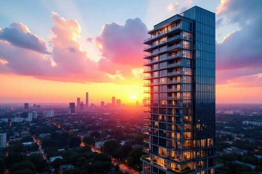 Sleek modern glass condominium building reflecting the city skyline at sunset Luxury high-rise apartments, architectural design, urban living , windows, property, apartment building - Powered by Adobe