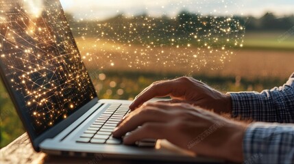 A person is using a laptop in a field setting