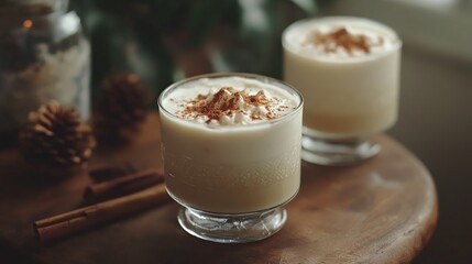 Two glasses of creamy, spiced eggnog are presented on a wooden surface, garnished with cinnamon and nutmeg, creating a festive winter scene.
