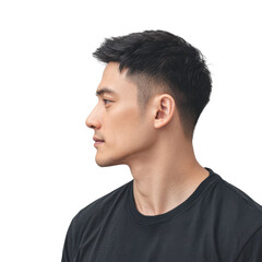 Obraz premium A profile portrait of a young man with short hair. wearing a black t-shirt. set against a clean white background. conveying a sense of calm and confidence. suitable for personal branding or lifestyle