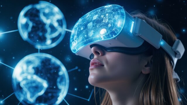 Person wearing virtual reality headset immersed in a futuristic digital world.