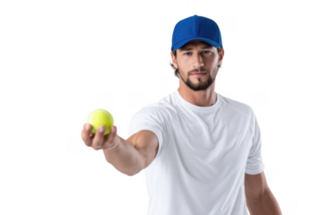 A young man in a white t-shirt and blue cap holds a bright yellow tennis ball in front of him. showcasing his athletic stance against a clean. white background. ideal for sports-related content