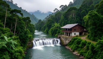 Riverside Haven: A picturesque scene unfolds as a house rests peacefully by a serene waterfall cascading into a flowing river, the tranquil ambiance enriched by lush green mountains in the background.