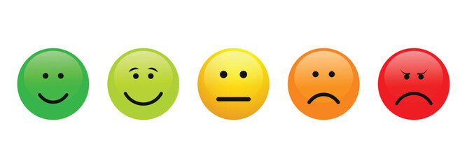 A vibrant 3D emoji set featuring rating and feedback emoticons in various glossy colors. Includes expressions for excellent, good, neutral, bad, and very bad. Ideal flat-style icons for user ratings, 