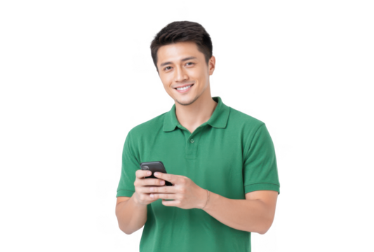 A young man in a green polo shirt smiles while holding a smartphone. standing against a plain white background. suggesting a casual and friendly atmosphere for social media or communication themes