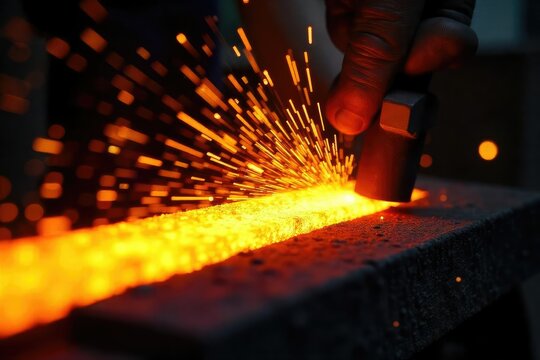 Close-up of glowing hot metal being forged, sparks flying, intense heat radiating The vibrant orange and yellow hues depict the extreme temperatures involved in metalworking , ignition, industry - Powered by Adobe