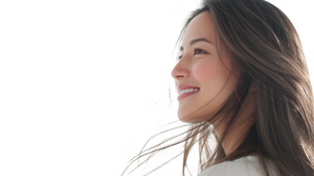 A serene woman with flowing hair smiles gently against a bright. soft background. embodying tranquility and joy. ideal for wellness or lifestyle themes