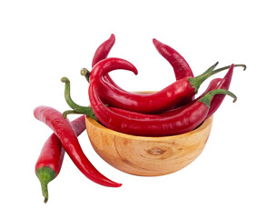 spicy red chili peppers in a wooden bowl. design element for a food theme