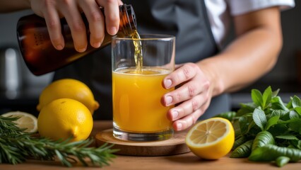 Pouring a citrus beverage into a glass.