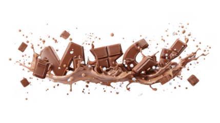A dynamic splash of rich chocolate with scattered chocolate bars and pieces. creating a visually appealing scene perfect for dessert promotions. culinary blogs. or food-related content