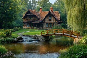 Obraz premium Rustic Cottage by a Flowing Stream